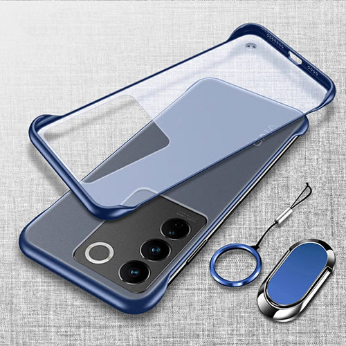 Transparent Crystal Frameless Hard Case Back Cover with Magnetic Finger Ring Stand for Vivo V27e 5G Blue