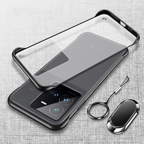 Transparent Crystal Frameless Hard Case Back Cover with Magnetic Finger Ring Stand for Vivo X80 Lite 5G Black