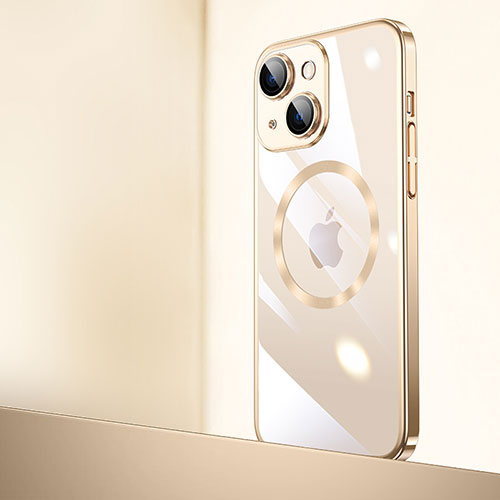 Transparent Crystal Hard Case Back Cover with Mag-Safe Magnetic QC2 for Apple iPhone 15 Gold