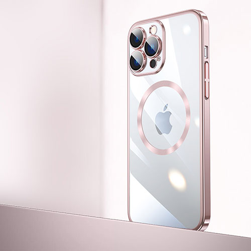 Transparent Crystal Hard Case Back Cover with Mag-Safe Magnetic QC2 for Apple iPhone 15 Pro Max Rose Gold