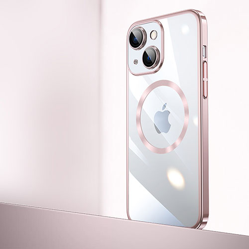 Transparent Crystal Hard Case Back Cover with Mag-Safe Magnetic QC2 for Apple iPhone 15 Rose Gold