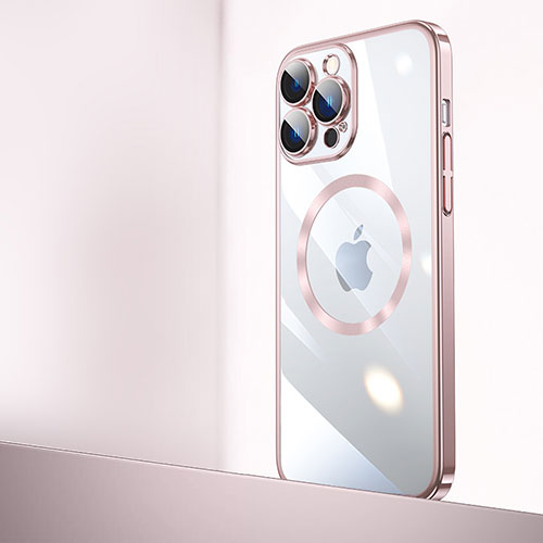 Transparent Crystal Hard Case Back Cover with Mag-Safe Magnetic QC2 for Apple iPhone 16 Pro Max Rose Gold