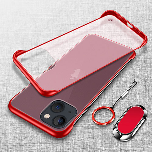 Transparent Crystal Hard Case Back Cover with Magnetic Finger Ring Stand for Apple iPhone 15 Red