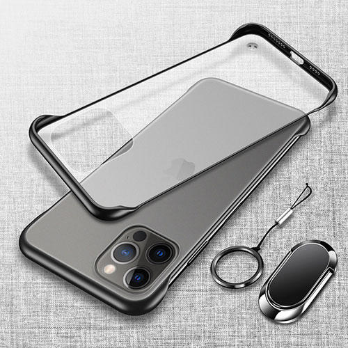 Transparent Crystal Hard Case Back Cover with Magnetic Finger Ring Stand for Apple iPhone 16 Pro Black