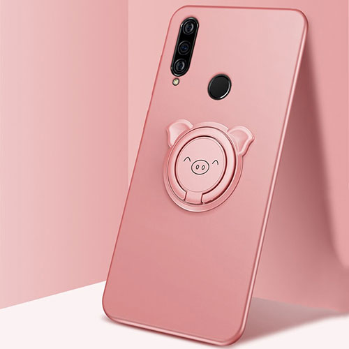 Ultra-thin Silicone Gel Soft Case Cover with Magnetic Finger Ring Stand A01 for Huawei P30 Lite XL Rose Gold