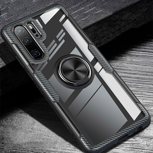 Ultra-thin Silicone Gel Soft Case Cover with Magnetic Finger Ring Stand A01 for Huawei P30 Pro New Edition Black