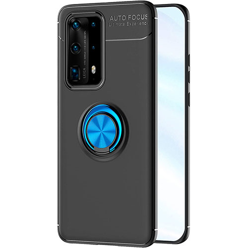 Ultra-thin Silicone Gel Soft Case Cover with Magnetic Finger Ring Stand A01 for Huawei P40 Pro+ Plus Blue and Black