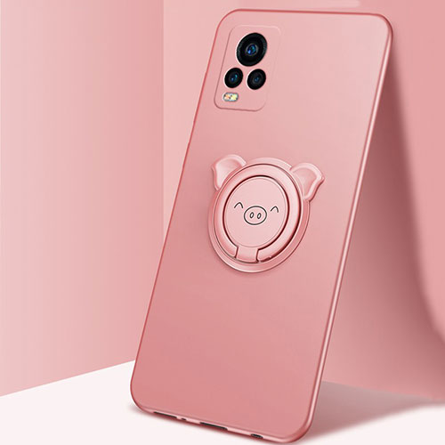 Ultra-thin Silicone Gel Soft Case Cover with Magnetic Finger Ring Stand A01 for Vivo V20 Pro 5G Rose Gold