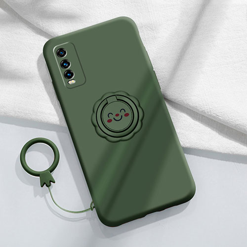 Ultra-thin Silicone Gel Soft Case Cover with Magnetic Finger Ring Stand A01 for Vivo Y20s Midnight Green