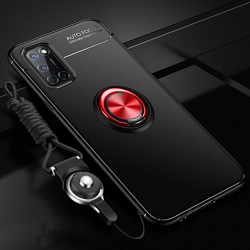 Ultra-thin Silicone Gel Soft Case Cover with Magnetic Finger Ring Stand A02 for Oppo A72 Red and Black