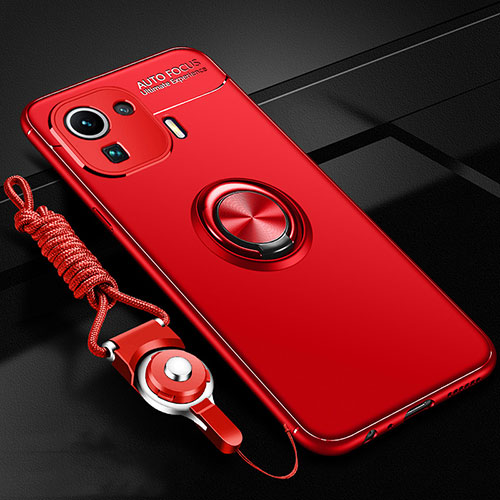 Ultra-thin Silicone Gel Soft Case Cover with Magnetic Finger Ring Stand A02 for Xiaomi Mi 11 Pro 5G Red