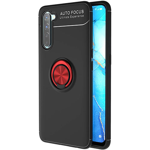 Ultra-thin Silicone Gel Soft Case Cover with Magnetic Finger Ring Stand A03 for Oppo F15 Red and Black