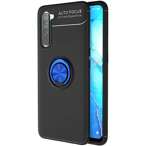 Ultra-thin Silicone Gel Soft Case Cover with Magnetic Finger Ring Stand A03 for Oppo Reno3 Blue and Black