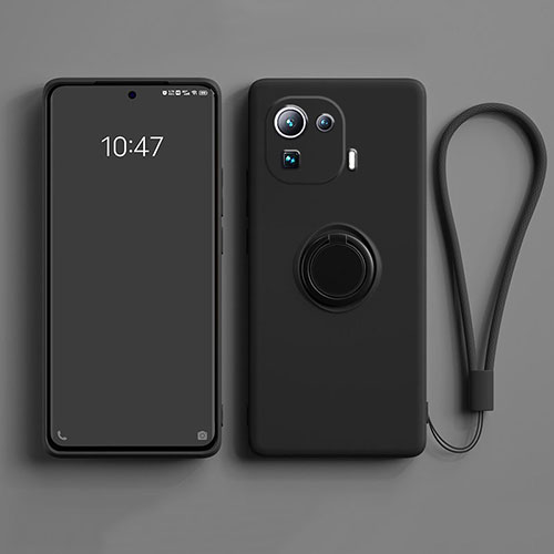 Ultra-thin Silicone Gel Soft Case Cover with Magnetic Finger Ring Stand A04 for Xiaomi Mi 11 Pro 5G Black