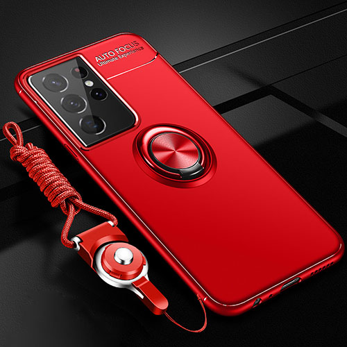 Ultra-thin Silicone Gel Soft Case Cover with Magnetic Finger Ring Stand A05 for Samsung Galaxy S21 Ultra 5G Red