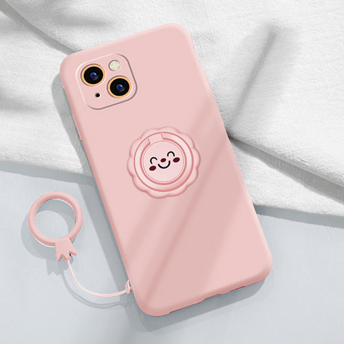 Ultra-thin Silicone Gel Soft Case Cover with Magnetic Finger Ring Stand A06 for Apple iPhone 13 Mini Pink