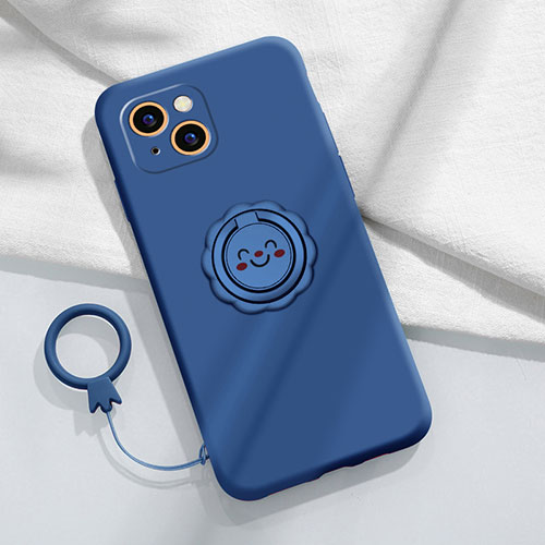 Ultra-thin Silicone Gel Soft Case Cover with Magnetic Finger Ring Stand A06 for Apple iPhone 15 Blue