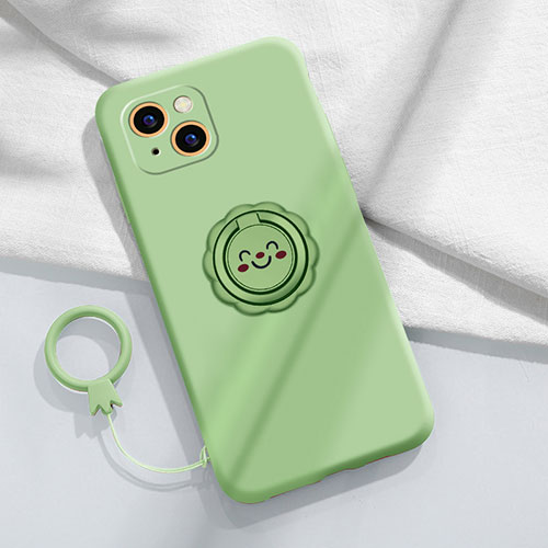 Ultra-thin Silicone Gel Soft Case Cover with Magnetic Finger Ring Stand A06 for Apple iPhone 15 Green