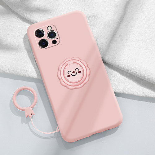 Ultra-thin Silicone Gel Soft Case Cover with Magnetic Finger Ring Stand A06 for Apple iPhone 15 Pro Max Pink