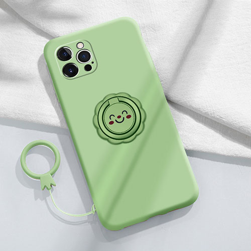 Ultra-thin Silicone Gel Soft Case Cover with Magnetic Finger Ring Stand A06 for Apple iPhone 16 Pro Max Green