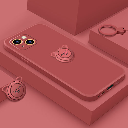 Ultra-thin Silicone Gel Soft Case Cover with Magnetic Finger Ring Stand A07 for Apple iPhone 14 Plus Red