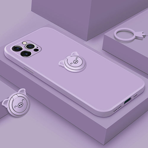 Ultra-thin Silicone Gel Soft Case Cover with Magnetic Finger Ring Stand A07 for Apple iPhone 15 Pro Max Purple