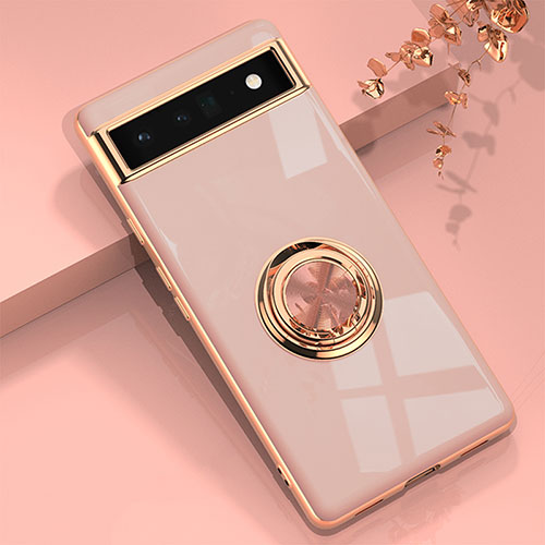 Ultra-thin Silicone Gel Soft Case Cover with Magnetic Finger Ring Stand AN1 for Google Pixel 6a 5G Rose Gold