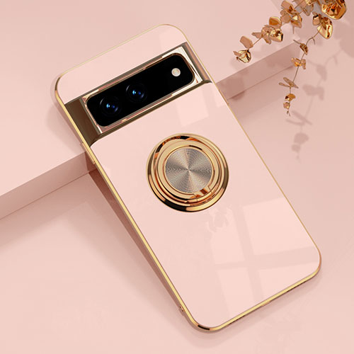 Ultra-thin Silicone Gel Soft Case Cover with Magnetic Finger Ring Stand AN1 for Google Pixel 7 5G Rose Gold