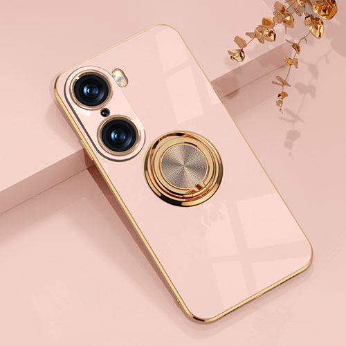 Ultra-thin Silicone Gel Soft Case Cover with Magnetic Finger Ring Stand AN1 for Huawei Honor 60 5G Rose Gold