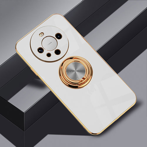 Ultra-thin Silicone Gel Soft Case Cover with Magnetic Finger Ring Stand AN1 for Huawei Mate 60 Pro+ Plus White