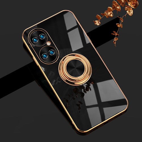 Ultra-thin Silicone Gel Soft Case Cover with Magnetic Finger Ring Stand AN1 for Huawei P50 Pro Black