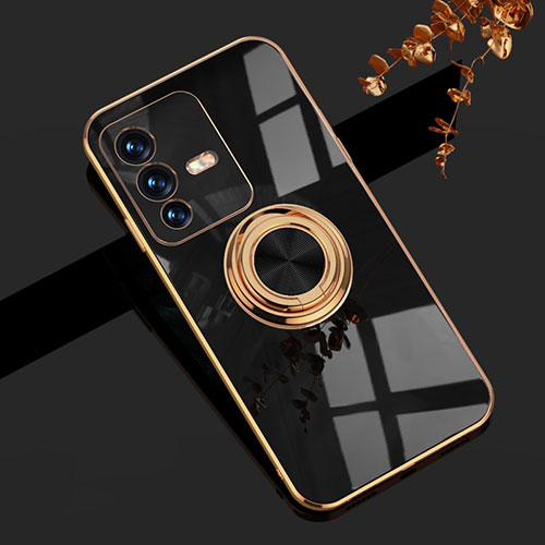 Ultra-thin Silicone Gel Soft Case Cover with Magnetic Finger Ring Stand AN1 for Vivo V23 Pro 5G Black
