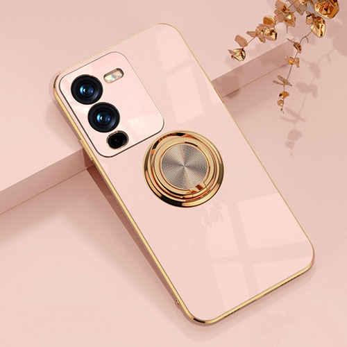 Ultra-thin Silicone Gel Soft Case Cover with Magnetic Finger Ring Stand AN1 for Vivo V25 Pro 5G Pink