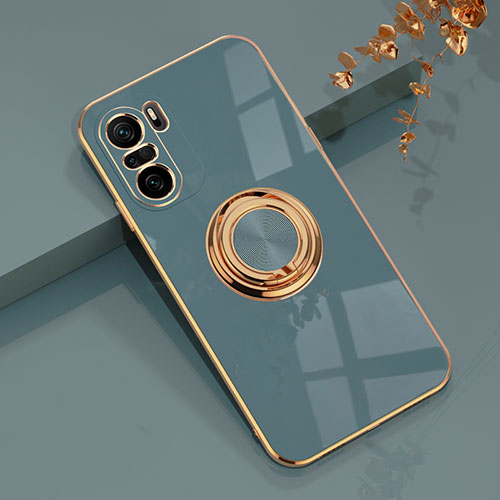 Ultra-thin Silicone Gel Soft Case Cover with Magnetic Finger Ring Stand AN1 for Xiaomi Poco F3 5G Lavender Gray