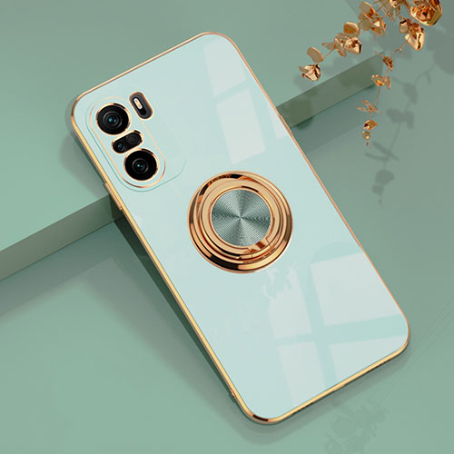 Ultra-thin Silicone Gel Soft Case Cover with Magnetic Finger Ring Stand AN1 for Xiaomi Poco F3 5G Matcha Green