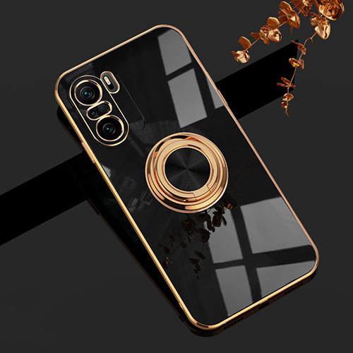 Ultra-thin Silicone Gel Soft Case Cover with Magnetic Finger Ring Stand AN1 for Xiaomi Redmi K40 5G Black