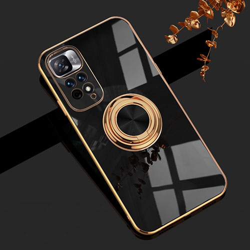 Ultra-thin Silicone Gel Soft Case Cover with Magnetic Finger Ring Stand AN1 for Xiaomi Redmi Note 11 Pro+ Plus 5G Black