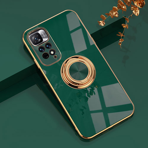 Ultra-thin Silicone Gel Soft Case Cover with Magnetic Finger Ring Stand AN1 for Xiaomi Redmi Note 11 Pro+ Plus 5G Green