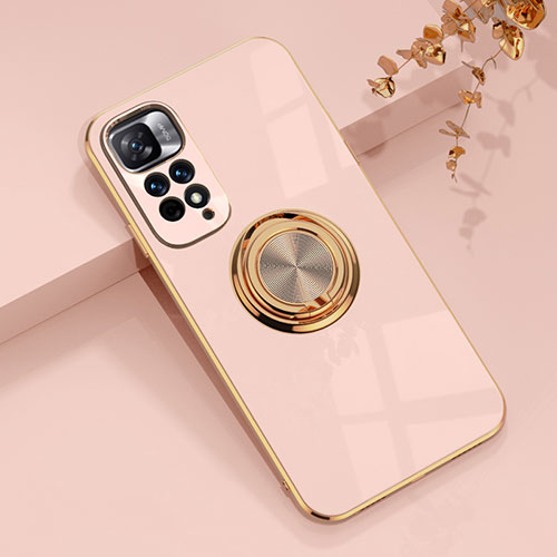 Ultra-thin Silicone Gel Soft Case Cover with Magnetic Finger Ring Stand AN1 for Xiaomi Redmi Note 11 Pro+ Plus 5G Pink