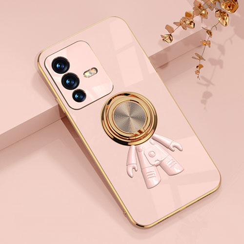 Ultra-thin Silicone Gel Soft Case Cover with Magnetic Finger Ring Stand AN2 for Vivo V23 Pro 5G Pink