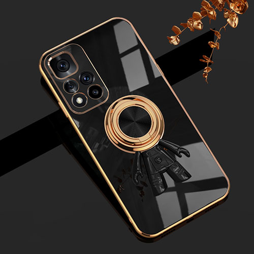 Ultra-thin Silicone Gel Soft Case Cover with Magnetic Finger Ring Stand AN2 for Xiaomi Poco M4 Pro 5G Black