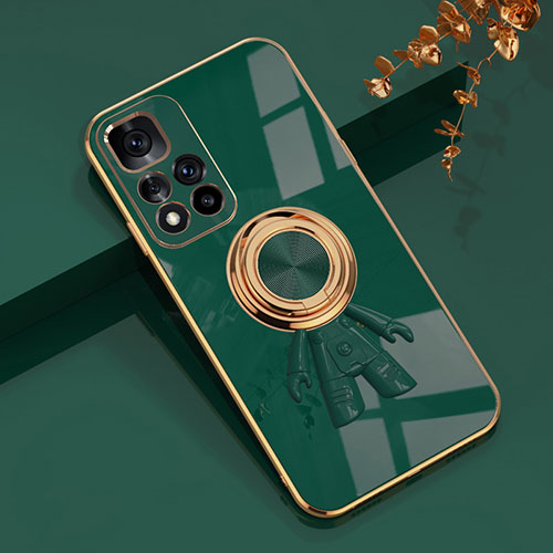 Ultra-thin Silicone Gel Soft Case Cover with Magnetic Finger Ring Stand AN2 for Xiaomi Poco M4 Pro 5G Green