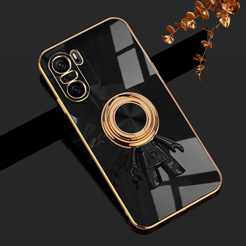 Ultra-thin Silicone Gel Soft Case Cover with Magnetic Finger Ring Stand AN2 for Xiaomi Redmi K40 5G Black