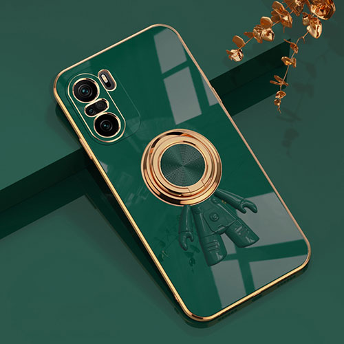 Ultra-thin Silicone Gel Soft Case Cover with Magnetic Finger Ring Stand AN2 for Xiaomi Redmi K40 5G Green