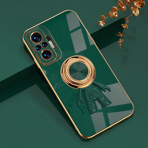 Ultra-thin Silicone Gel Soft Case Cover with Magnetic Finger Ring Stand AN2 for Xiaomi Redmi Note 10 4G Green