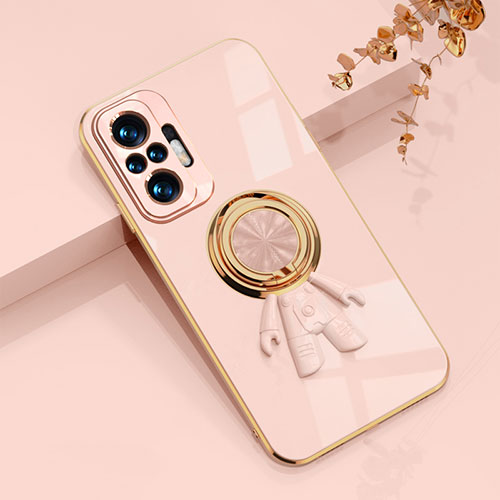 Ultra-thin Silicone Gel Soft Case Cover with Magnetic Finger Ring Stand AN2 for Xiaomi Redmi Note 10 4G Pink