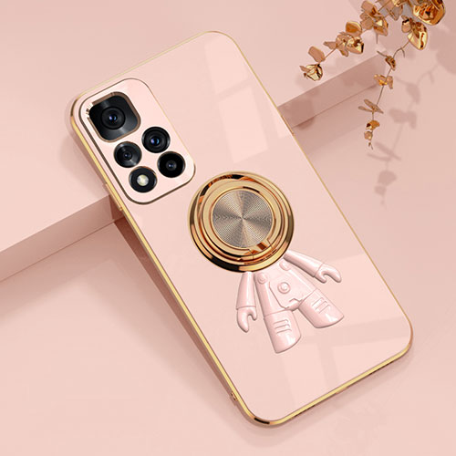 Ultra-thin Silicone Gel Soft Case Cover with Magnetic Finger Ring Stand AN2 for Xiaomi Redmi Note 11 5G Pink