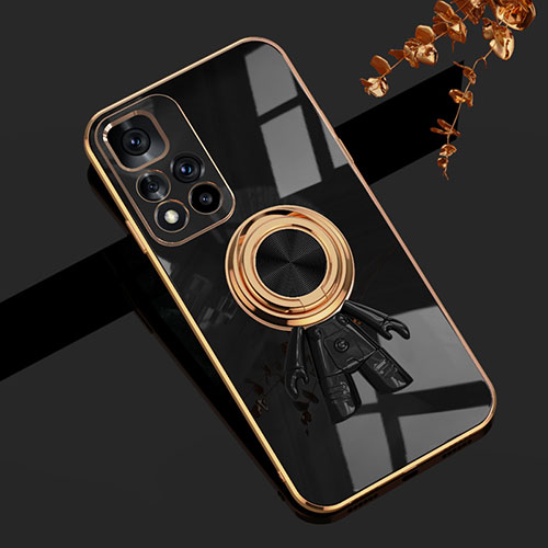 Ultra-thin Silicone Gel Soft Case Cover with Magnetic Finger Ring Stand AN2 for Xiaomi Redmi Note 11 Pro+ Plus 5G Black