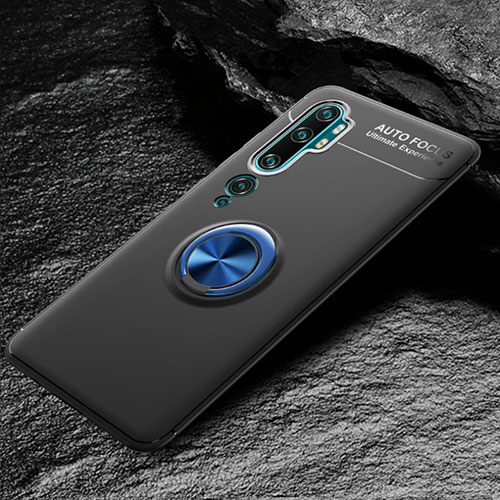 Ultra-thin Silicone Gel Soft Case Cover with Magnetic Finger Ring Stand D01 for Xiaomi Mi Note 10 Blue and Black