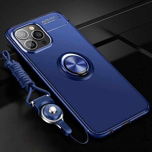 Ultra-thin Silicone Gel Soft Case Cover with Magnetic Finger Ring Stand for Apple iPhone 15 Pro Max Blue